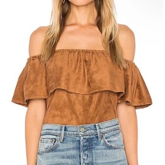 Cupcakes and Cashmere Medium Brown Tan Jennings Faux Suede Off The Shoulder Top - Picture 10 of 12